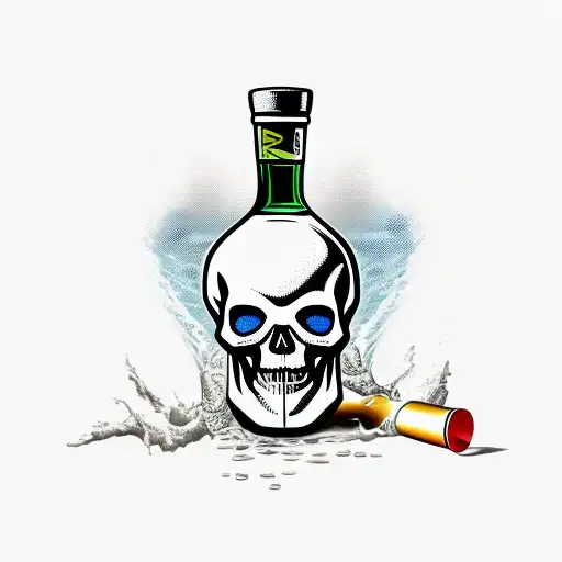 A bottle of rum smoothly turning into a skull tattoo design idea