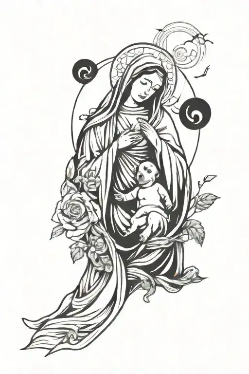 virgin mary, bear and ying yang symbol tattoo design idea