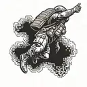 A pixel art design of a soldier in full gear jumping out of an airplane with a parachute, symbolizing your time as airborne infantry tattoo design idea