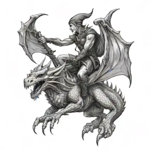 Male elf riding a large dragon, full side view tattoo design idea
