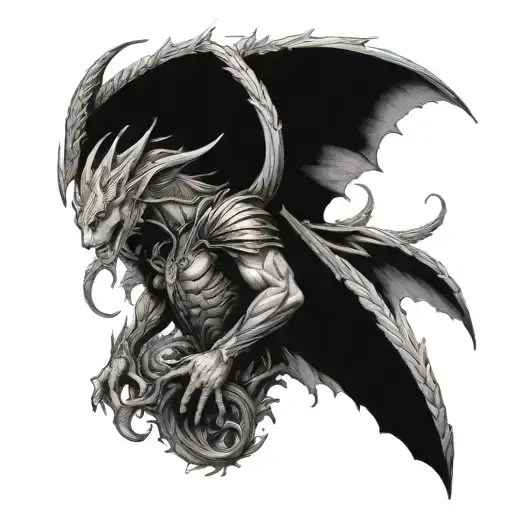 Male elf on a large dragon, full side view tattoo design idea