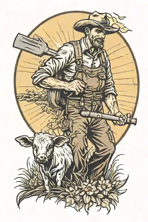 A neotraditional tattoo of a farmer working in a field with a sun shining down and a small family portrait in the corner tattoo design idea