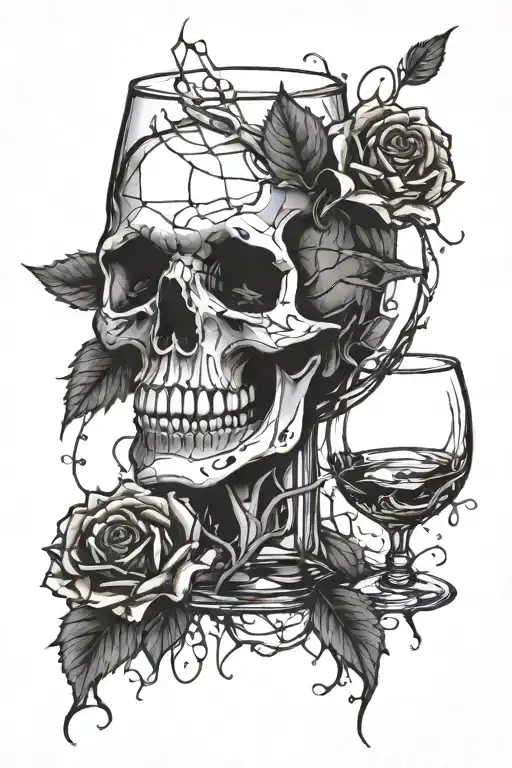 Skull in shattered wine glass tattoo design idea
