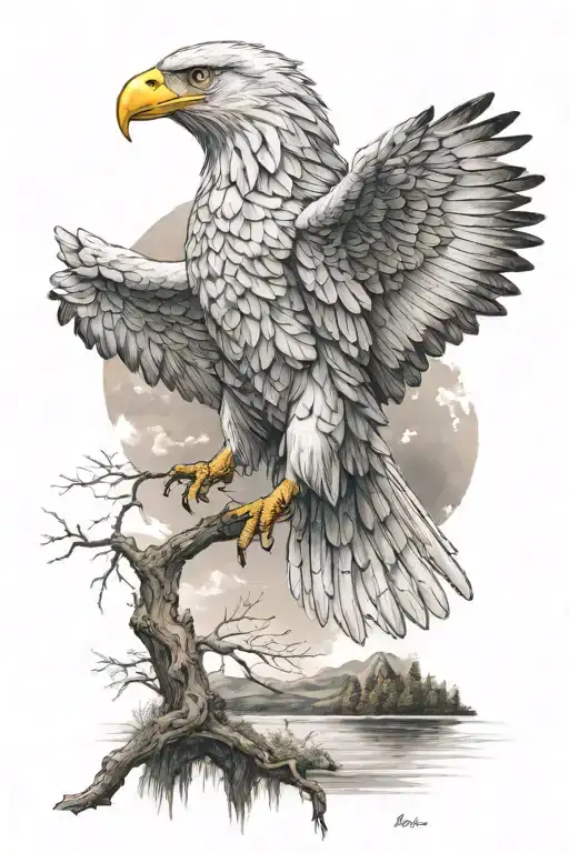 white eagle standing on a branch with a lake in the background with clear water, some birds flying in the background and tattoo design idea