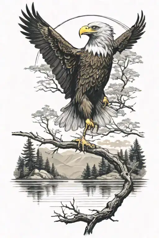 real eagle standing with its wings at rest on a branch with a lake in the background with clear water, some birds flyin tattoo design idea