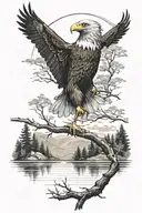 real eagle standing with its wings at rest on a branch with a lake in the background with clear water, some birds flyin tattoo design idea