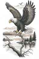 real eagle standing with its wings at rest on a branch with a lake in the background with clear water, some birds flyin tattoo design idea