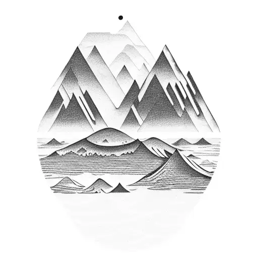 A surreal landscape of a mountain range merging with the ocean waves tattoo design idea