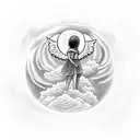 angel sleeping above the cloud in front of the big sun linework tattoo design idea