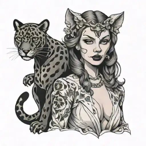 female with panther head tattoo design idea