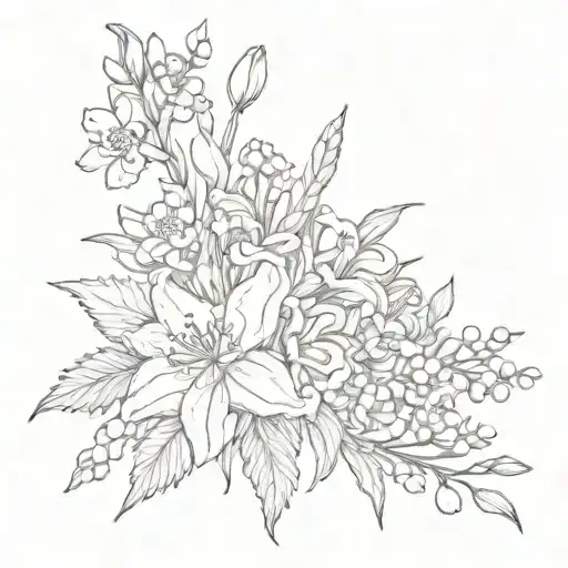 Birth Flower Bouquet" with lurkspur, astra, carnation, marigold, lily of valley and daffodil tattoo design idea
