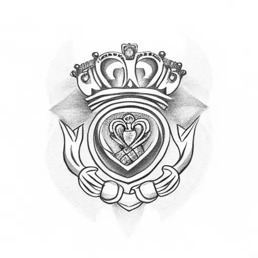 a claddagh ring design with a rose at the center rather than a heart. the crown above the rose is a 5 pointed crown tattoo design idea