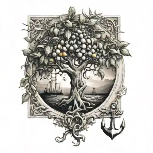 fruit tree with an anchor propped up in the tree. tattoo design idea