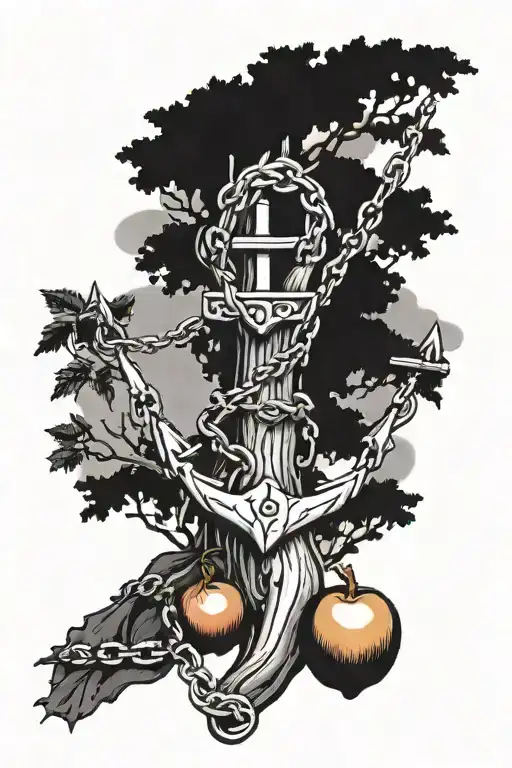 A tree with fruits and an anchor with chains leaning against the tree. tattoo design idea