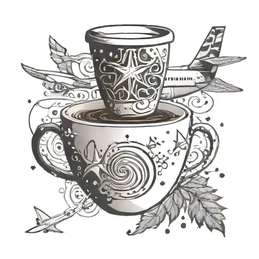 An abstract design of a coffee cup morphing into an airplane, with AI symbols intertwined and a silhouette of a girl in the background, inspired by Lebanon's cedar trees tattoo design idea