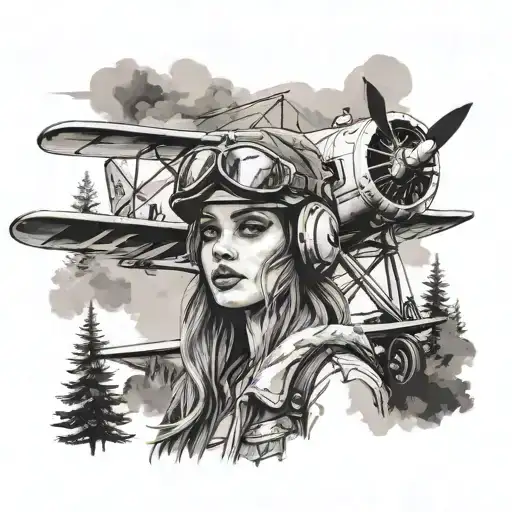 A beautiful girl with a pilot hat, standing in front of a vintage airplane with smoky trails, set against a backdrop of a Lebanese cedar forest tattoo design idea