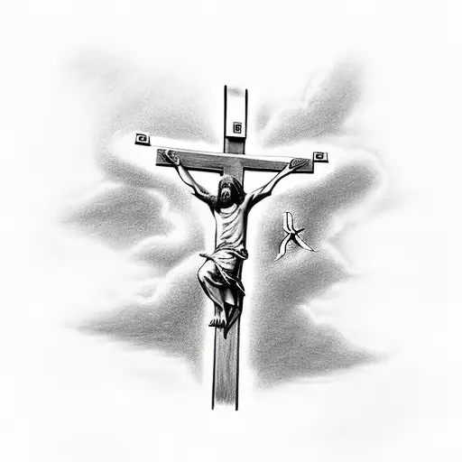 Realist drawing of Jesus on the cross with clouds behind him and doves flying around him tattoo design idea