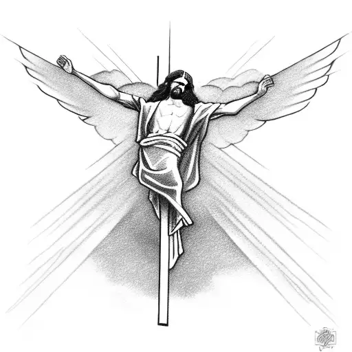 Jesus on the cross with clouds behind him and doves flying around him tattoo design idea