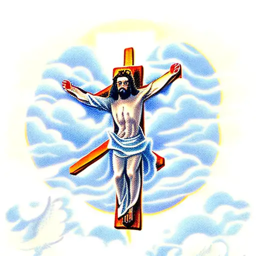 Jesus on the cross with clouds behind him and doves flying around him tattoo design idea