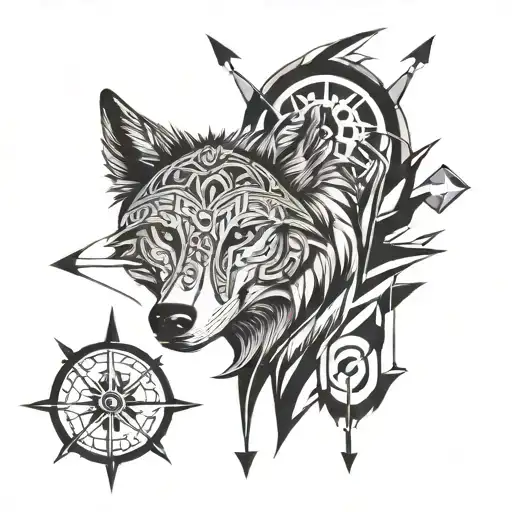 wolf head with compass on top of the head and and arrow going down tattoo design idea