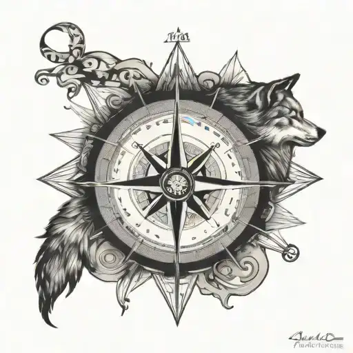 compass in wolf's paw tattoo design idea