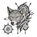 wolf head with compass on top of the head and and arrow going down tattoo design idea