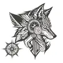 wolf head with compass on top of the head and and arrow going down tattoo design idea
