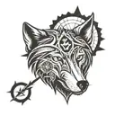 wolf head with compass on top of the head and and arrow going down tattoo design idea