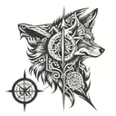 wolf head with compass on top of the head and and arrow going down tattoo design idea