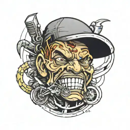 crazy face with motorcicle and something conect with formula one tattoo design idea