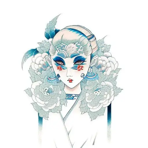 full body woman, short blonde hair,green eyes, blue kimono tattoo design idea