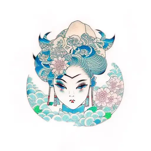 woman, short blonde hair,green eyes, blue kimono tattoo design idea