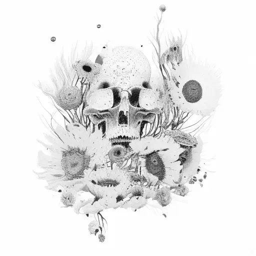 entities with human sedentary on a composition of dried flowers tattoo design idea