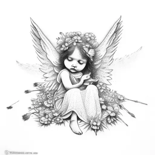 angels sitting on a composition of dried flowers tattoo design idea