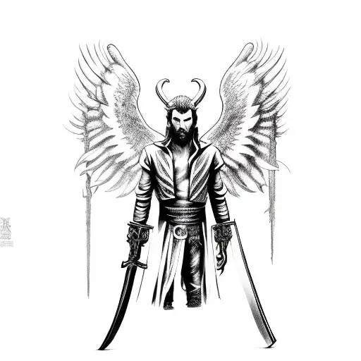 "Lucifer, the fallen angel with three heads, holding an AK from CS in one hand and a poisoned sword from mt2 the other  tattoo design idea