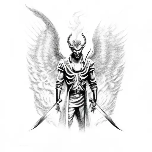 "Lucifer, the fallen angel with three heads, holding an AK from CS in one hand and a poisoned sword from mt2 the other  tattoo design idea