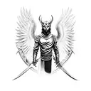 "Lucifer, the fallen angel with three heads, holding an AK from CS in one hand and a poisoned sword from mt2 the other  tattoo design idea