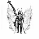 "Lucifer, the fallen angel with three heads, holding an AK from CS in one hand and a poisoned sword from mt2 the other  tattoo design idea