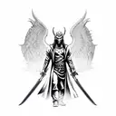 "Lucifer, the fallen angel with three heads, holding an AK from CS in one hand and a poisoned sword from mt2 the other  tattoo design idea