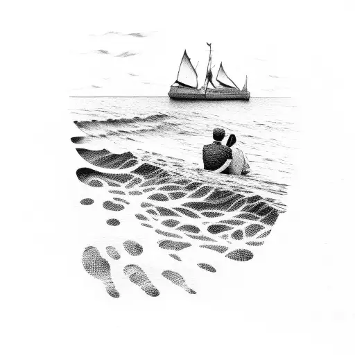 couples sitting in shore of a sea watching the waves tattoo design idea