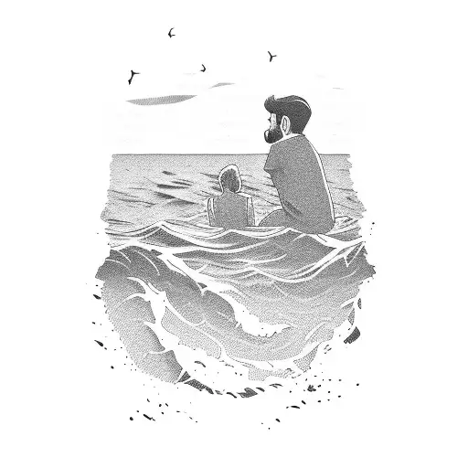 couples sitting in shore of a sea watching the waves tattoo design idea