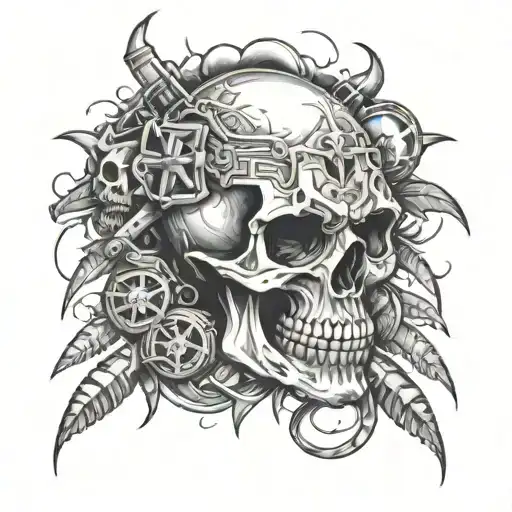 skull soft shading with grenades around  tattoo design idea