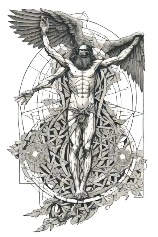 vitruvian man combined with Icarus falling tattoo design idea