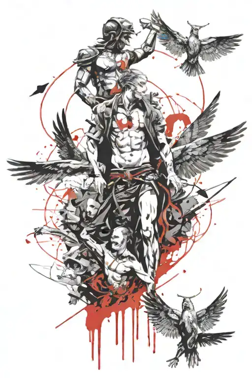 Vitruviun man and Icarus with puppet master controlling  tattoo design idea