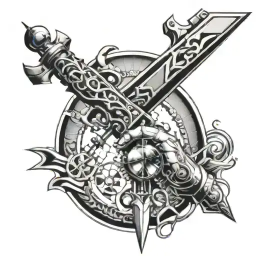 A futuristic mechanical arm holding Excalibur Sword tattoo design idea