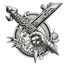 A futuristic mechanical arm holding Excalibur Sword tattoo design idea