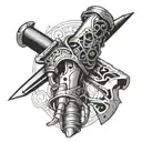 A futuristic mechanical arm holding Excalibur Sword tattoo design idea