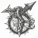 A futuristic mechanical arm holding Excalibur Sword tattoo design idea