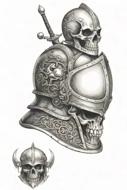 knight and skull inside helmet tattoo design idea