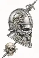 knight and skull inside helmet tattoo design idea